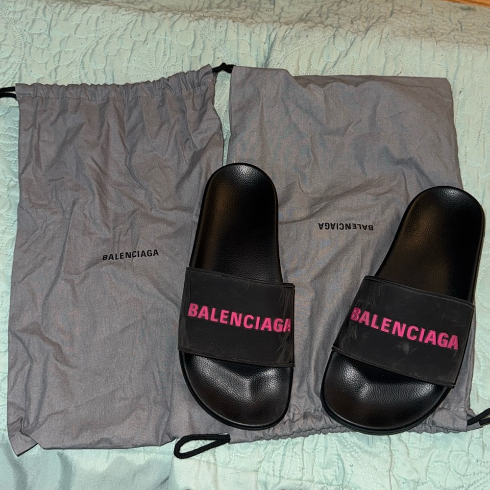 Balenciaga Logo rubber slides black and pink size 8W with two dust bag gray - Picture 3 of 8